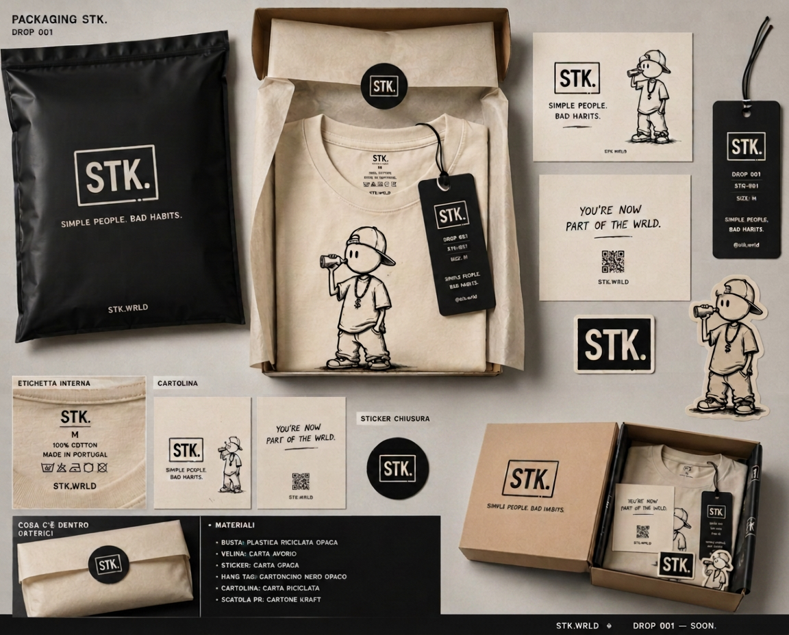 Packaging STK.: buste, sticker, cartellini e carta velina